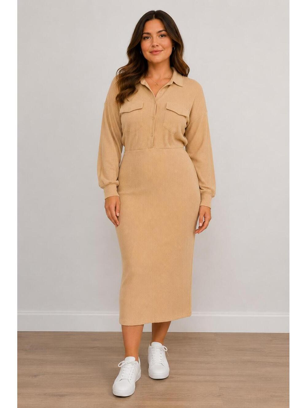 Missguided Beige Ribbed Shirt Dress Midi Length UK 12